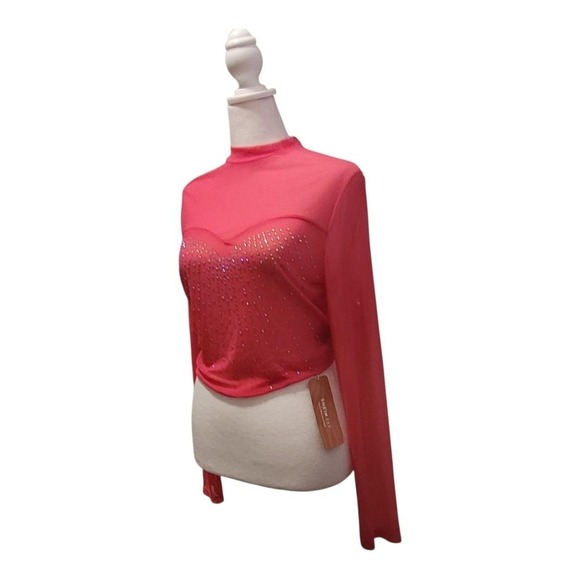NWT Hot Pink SHEIN long sleeve stretch sheer top with sparkling details#coquette - Picture 6 of 8